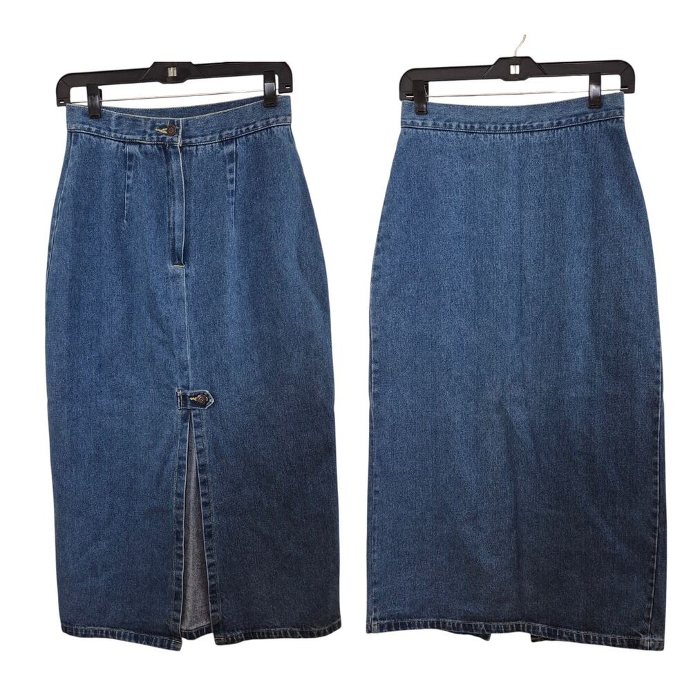 The Great Plains Blue Denim Jeans Vintage Maxi Skirt Front Slit Button Detail 11